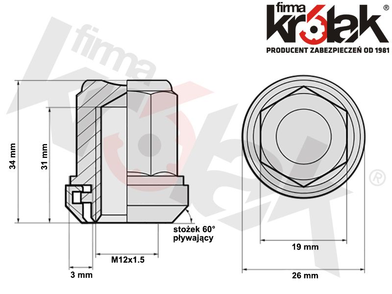Szkic parametry / wymiary nakrętek pływajacych do felg aluminiowych, zmiana rozstawu. Producent Bimecc nakretki-do-felg-plywajace-s-131a-m12x1.5-19-z-800x600-szkic-wymiar-krolak.jpg