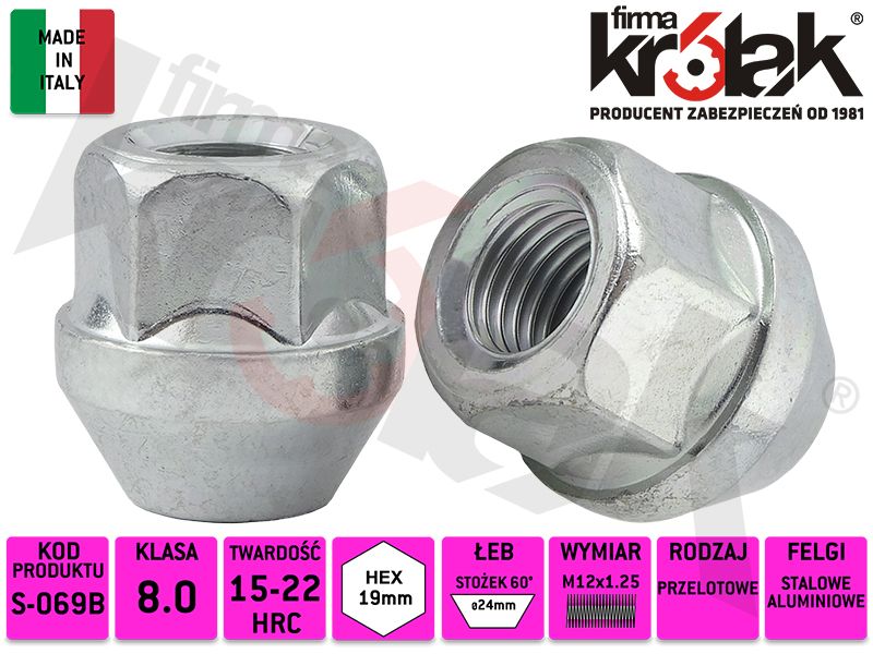 Nakrętki przelotowe do felg aluminiowych, producent Ellis: Chevrolet Spark ; Daewoo Matiz ; Opel Agila ; Fiat Seicento Sporting ; Ford Maverick ; Infinity G20 , G25 , G35 , G37 , I30 , J30 , JX30 , M30 , M35 , M37 , M45 , M56 , EX35 , EX37 , FX35 , FX37 , FX45 , FX50 , Q45 , Q50 , QX4 , QX56 ; Lada Niva ; Nissan 100NX , 200SX , 300ZX , 350Z , 370Z , Almera , Altima , Avenir , Bluebird , Cedric , Cube Z10 Z11 , Dualis , Elgrand , Juke F15 , King Cab , Maxima , Micra I II , Murano , Note E12 , Pathfinder , Patrol , Pixo , Primera , Qashqai , Quest , Rogue , Sentra , Serena , Skyline , Sunny , Terrano , X-Trail ; Subaru Forester , Impreza , Justy , Outback , Legacy ; Suzuki Aerio , Alto , Baleno , Cappuccino , Carry , Cultus , Estem , Every , Forsa , Grand Vitara , Ignis I , Jimny , Kei , Liana , Marutti , Samurai , Sidekick , Swift I , SX4 , Wagon R+ I , Vitara , X90 ; Volvo 340 , 360 nakretki-do-felg-stozkowe-s-069b-m12x1.25-19-p-1-1-800x600-krolak